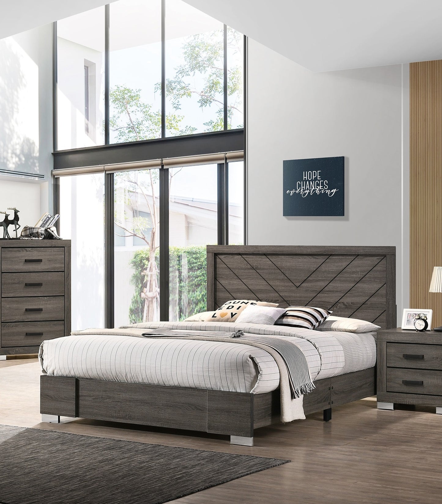 Stylish Grey Wooden Queen Bed with Unique Headboard Design