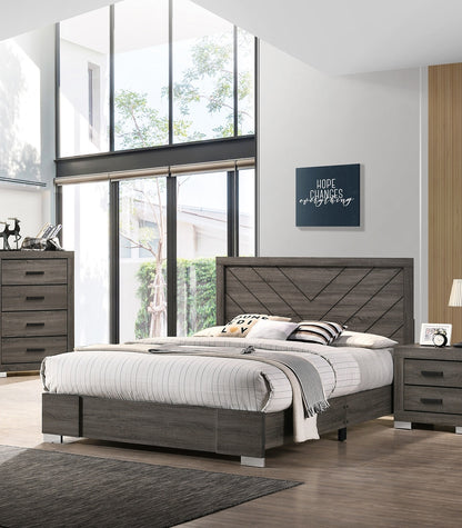 Stylish Grey Wooden Queen Bed with Unique Headboard Design