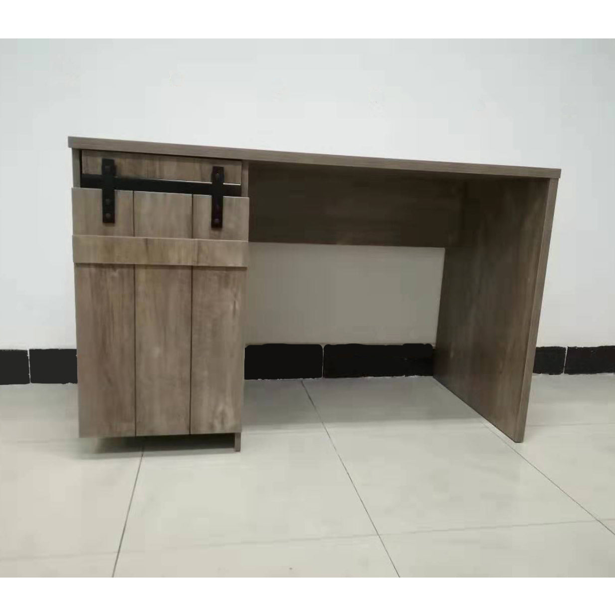 Farmhouse-Style Home Office Desk with Faux Barn Door, One Cabinet, and Three Adjustable Shelves in Hazelnut Finish