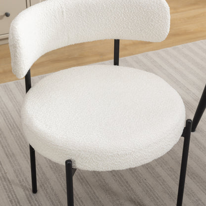 Set of 2 Modern Round Boucle Dining Chairs with Foam Cushions, 20.25W x 20.25D x 29H, Iron Legs, White