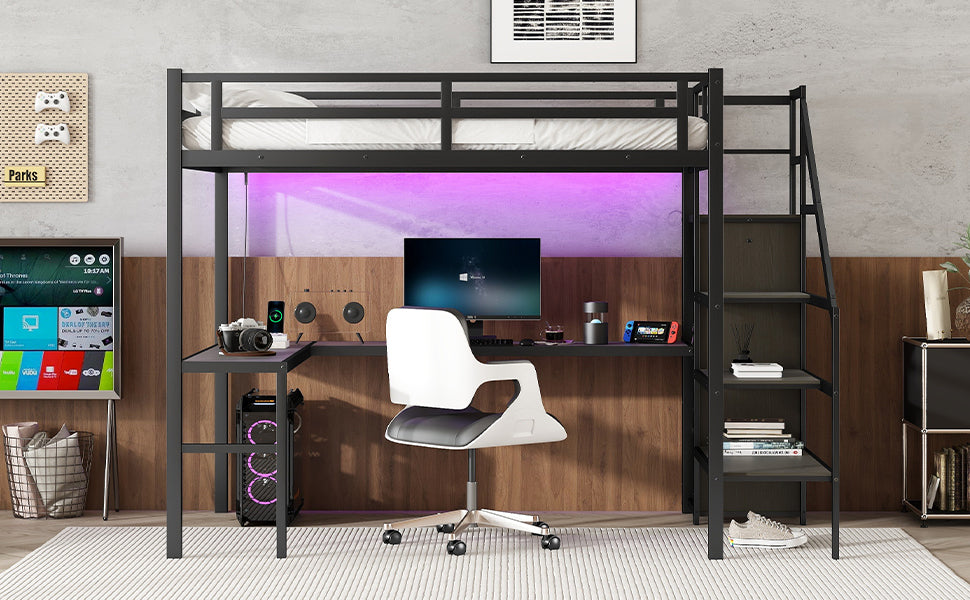 Full XL Metal Loft Bed with L-Shaped Desk, Wardrobe, USB Charging, and LED Lighting for Teens and Adults - Black