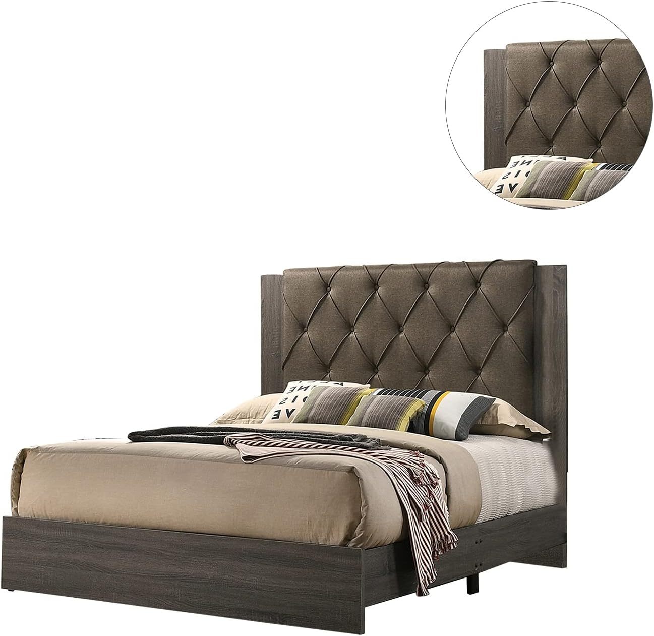 Modern Tufted Queen Bed Frame with Rubberwood Construction and Gray Finish