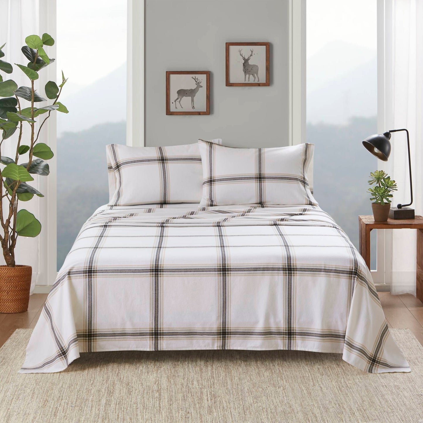 4-Piece Full-Size Cotton Flannel Sheet Set with Fitted + Flat Sheets, 2 Pillowcases, Tan Plaid