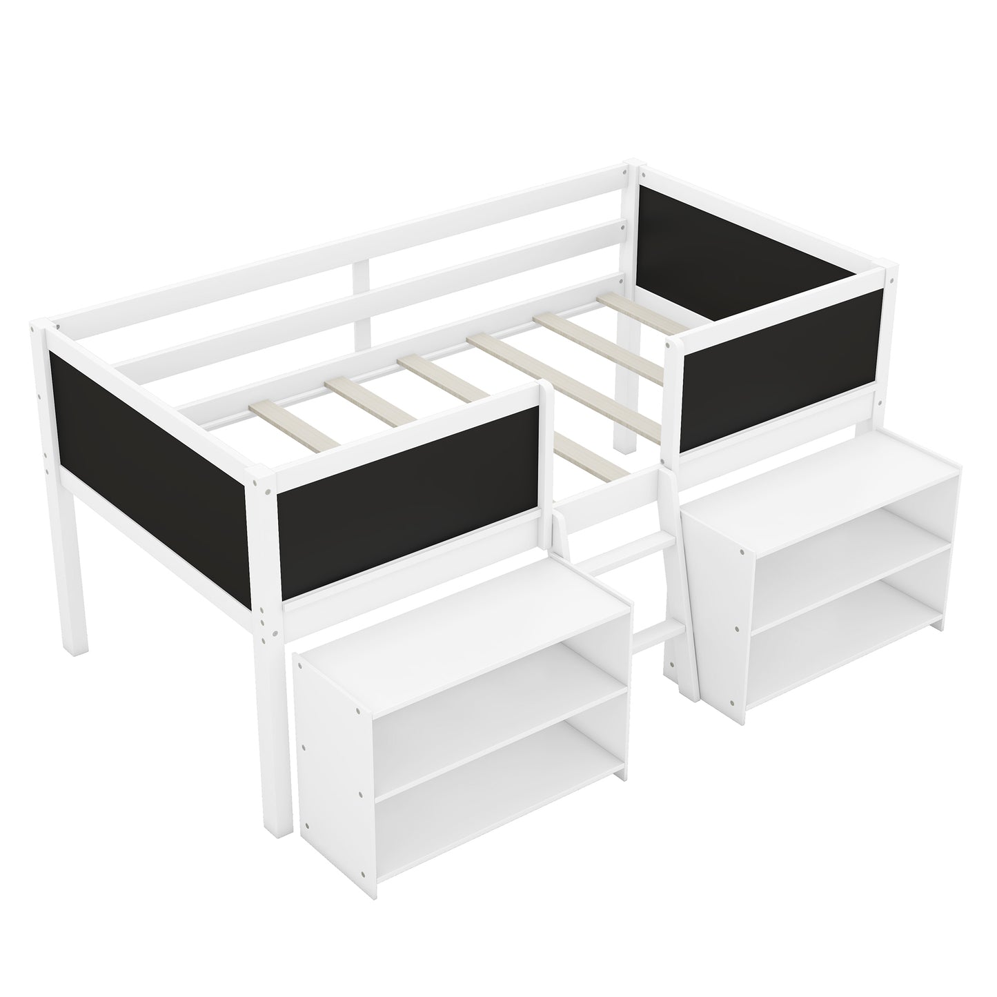 Twin Size Creative Low Loft Bed with Movable Storage Shelves and Chalkboard Guardrail, White