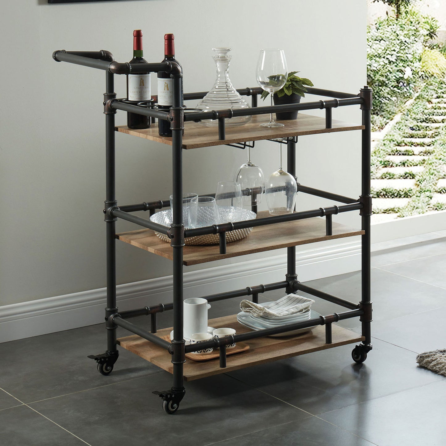 Rustic Industrial Three Tier Serving Cart Oak Finish Frame