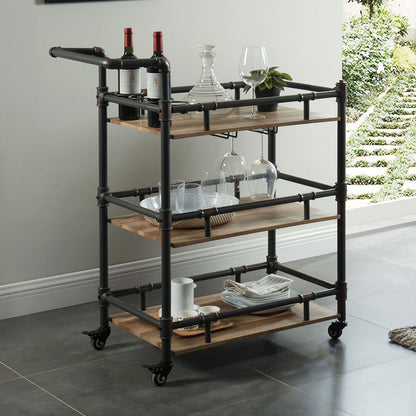 Rustic Industrial Three Tier Serving Cart Oak Finish Frame