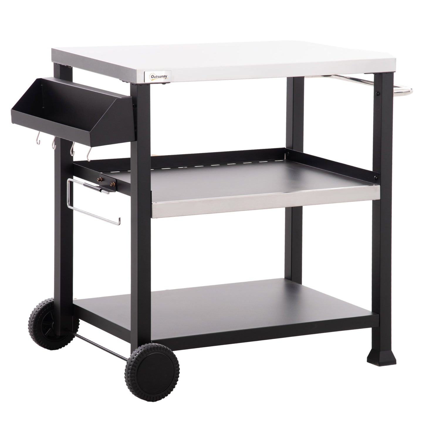 Three-Shelf Grill Cart With Stainless Tabletop Side Handle Movable Prep Table On Wheels Pizza Oven Stand Black