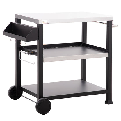 Three-Shelf Grill Cart With Stainless Tabletop Side Handle Movable Prep Table On Wheels Pizza Oven Stand Black