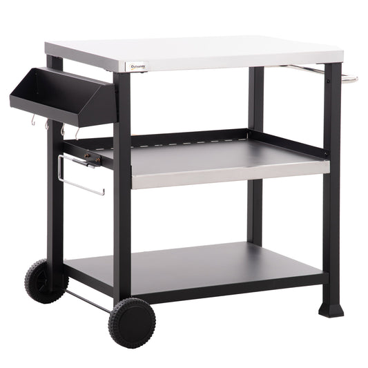 Three-Shelf Grill Cart With Stainless Tabletop Side Handle Movable Prep Table On Wheels Pizza Oven Stand Black