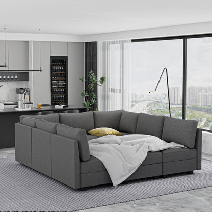 9-Seater Armless Modular Sectional Sofa with Convertible U-Shape and Hidden Storage - Grey