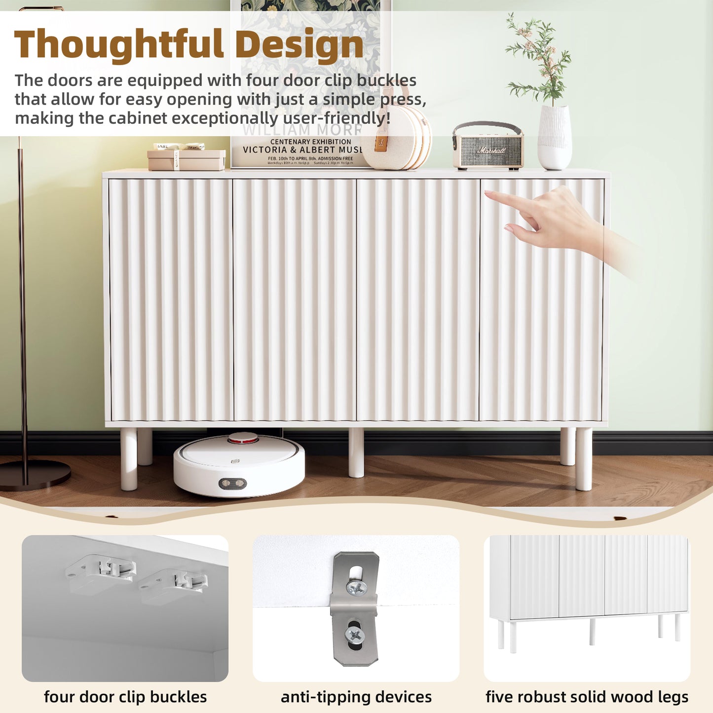 ON-TREND Minimalist Shoe Cabinet with 5 Solid Wood Legs, Cream Style Sideboard Buffet Cabinet with Fluted Doors, Large 4-Door Storage Cabinet with Adjustable Shelves for Living Room, White, 55.1*13.7"