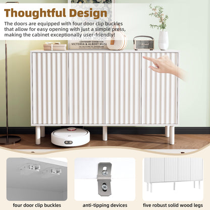 ON-TREND Minimalist Shoe Cabinet with 5 Solid Wood Legs, Cream Style Sideboard Buffet Cabinet with Fluted Doors, Large 4-Door Storage Cabinet with Adjustable Shelves for Living Room, White, 55.1*13.7"