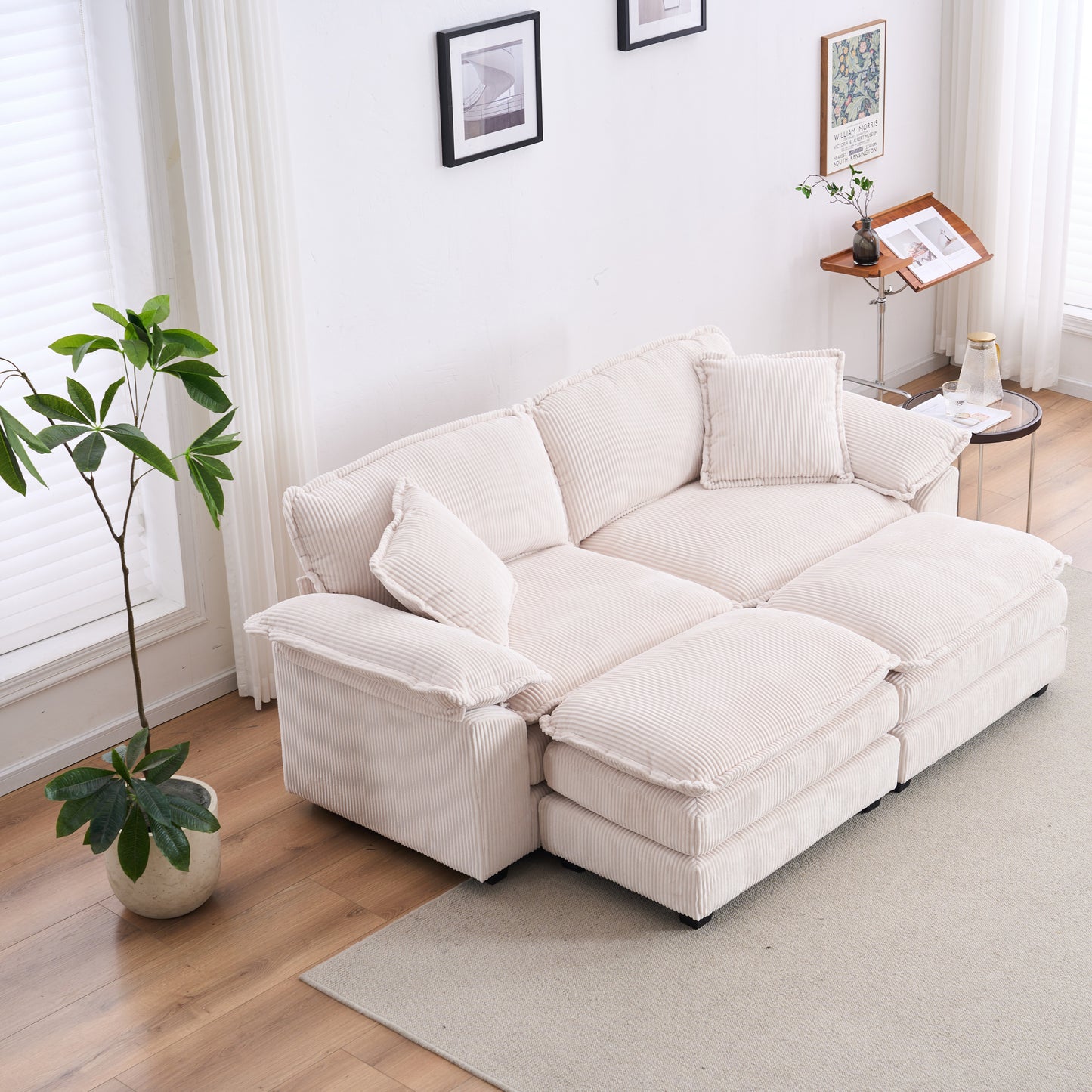 Corduroy 2-Seater Sofa with 2 Back Cushions, 2 Toss Pillows & 2 Ottomans for Living Room, Deep Seat White