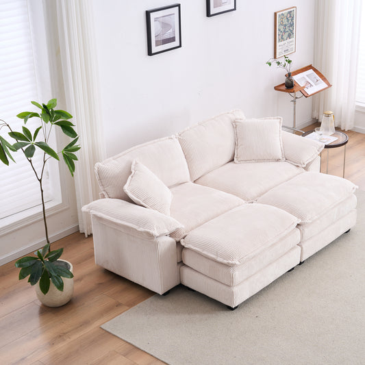 Corduroy 2-Seater Sofa with 2 Back Cushions, 2 Toss Pillows & 2 Ottomans for Living Room, Deep Seat White