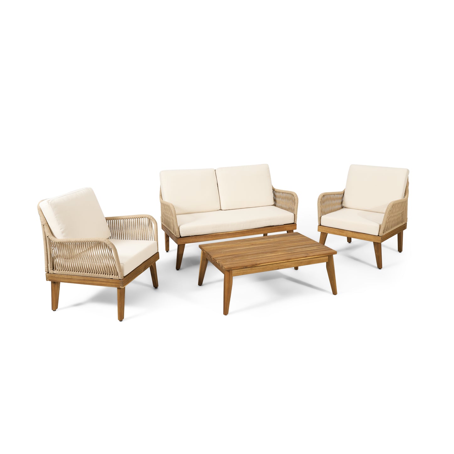 Outdoor Acacia Wood And Rope 4 Seater Chat Set With Cushions For Patio Or Garden Seating Area Teak