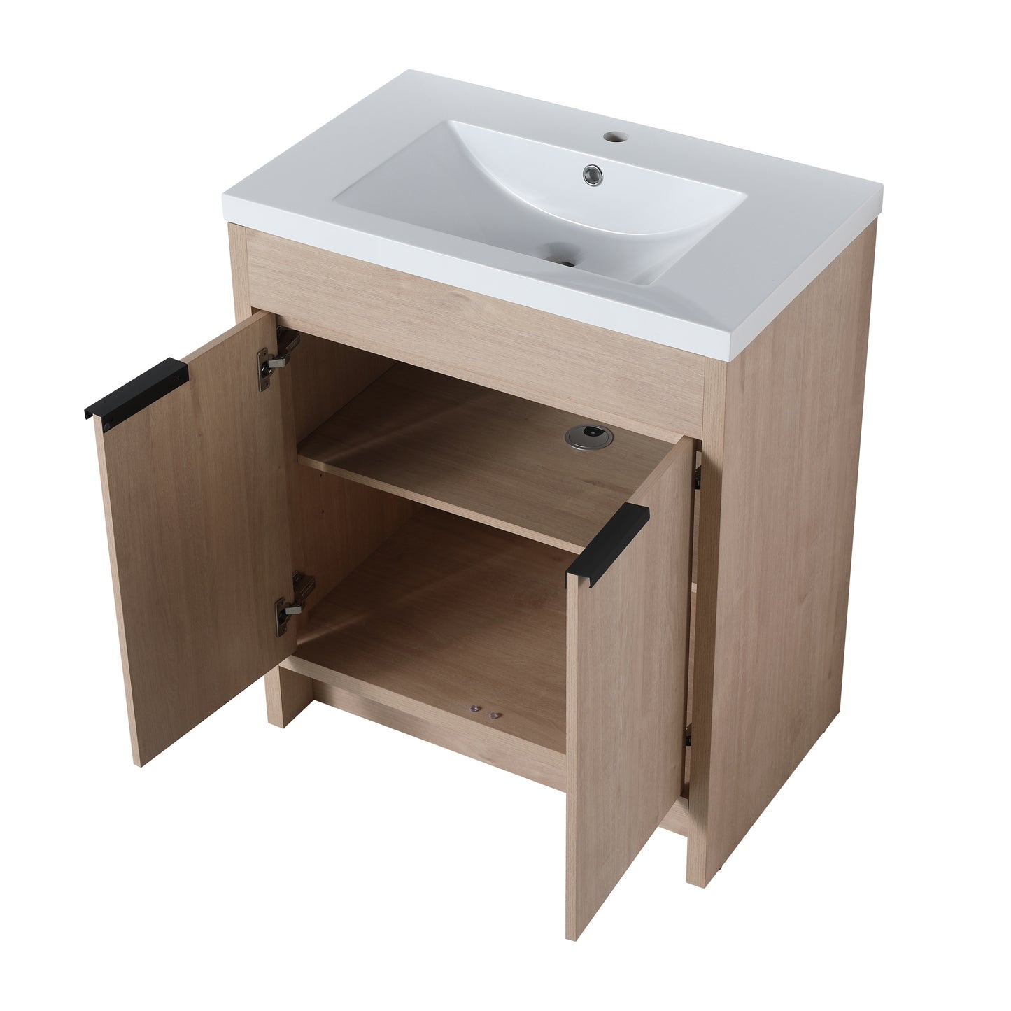 30-Inch Light Oak Freestanding Bathroom Cabinet with Soft-Close Doors & Integrated Resin Sink