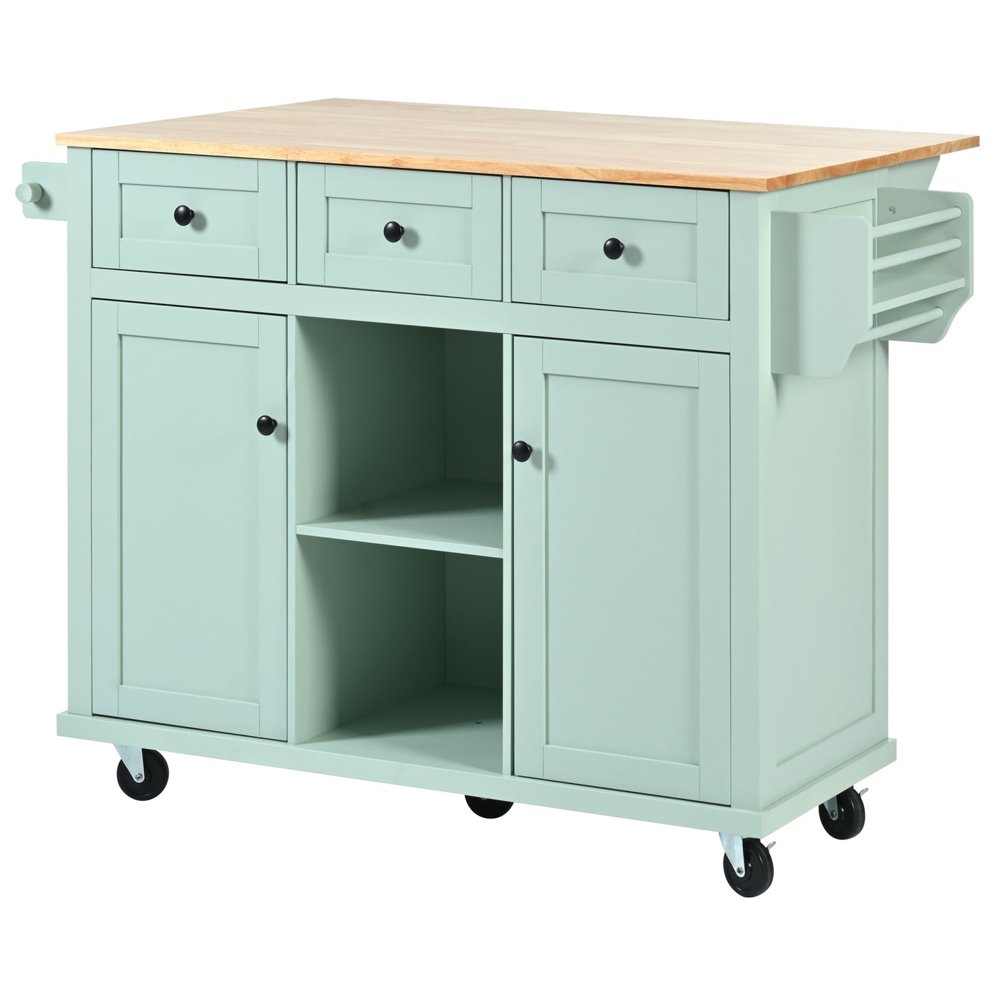 Mint Green Kitchen Island Cart with Drop-Leaf Rubberwood Top, Storage Cabinet, and 3 Drawers on Wheels