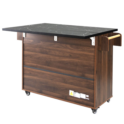 Walnut Brown Rolling Kitchen Island with Drop Leaf, Trash Can Storage, Spice & Towel Racks, and Adjustable Shelves