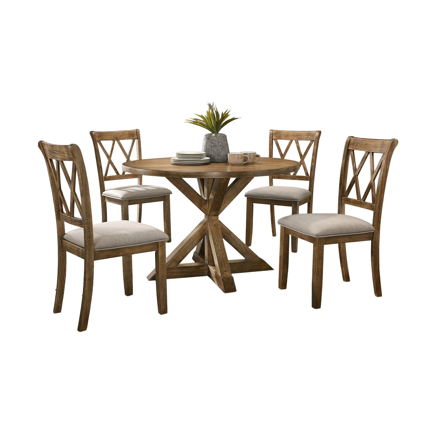 Round Rubberwood 5-Piece Dining Set Warm Brown Finish