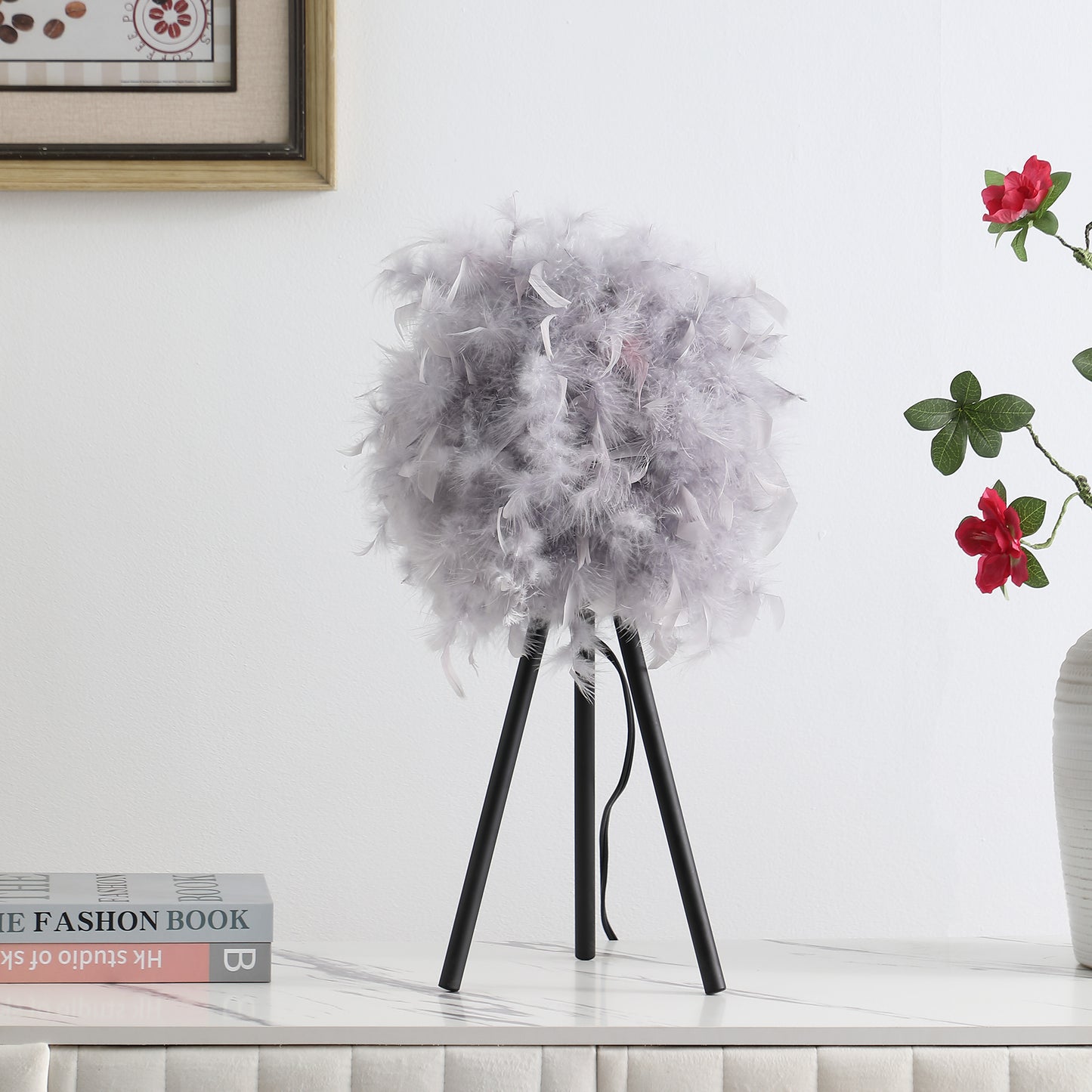 20.5-Inch Modern Tripod Metal Table Lamp with Feather Shade, E26 Socket, 60W Max, UL Listed, Soft Gray