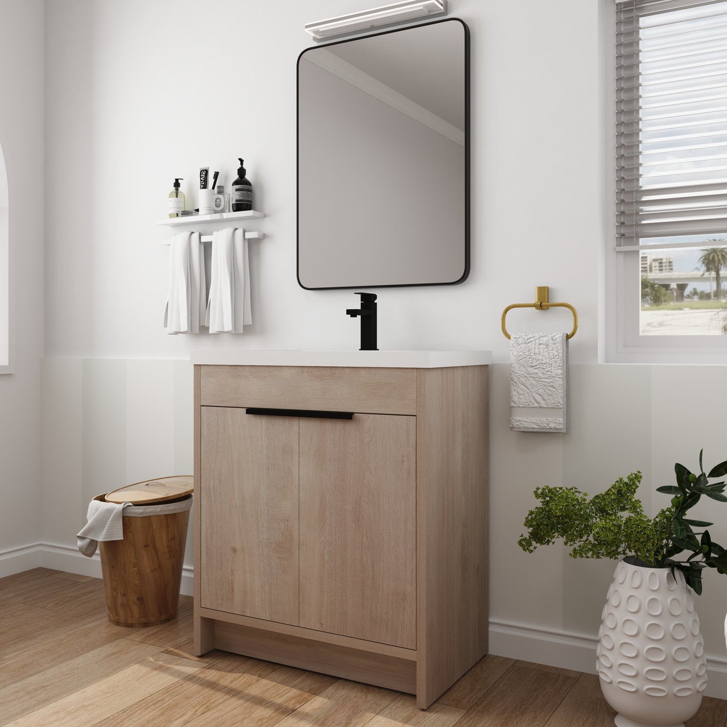 30-Inch Light Oak Freestanding Bathroom Cabinet with Soft-Close Doors & Integrated Resin Sink