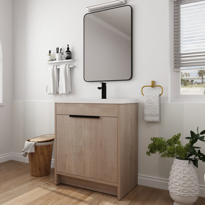 30-Inch Light Oak Freestanding Bathroom Cabinet with Soft-Close Doors & Integrated Resin Sink