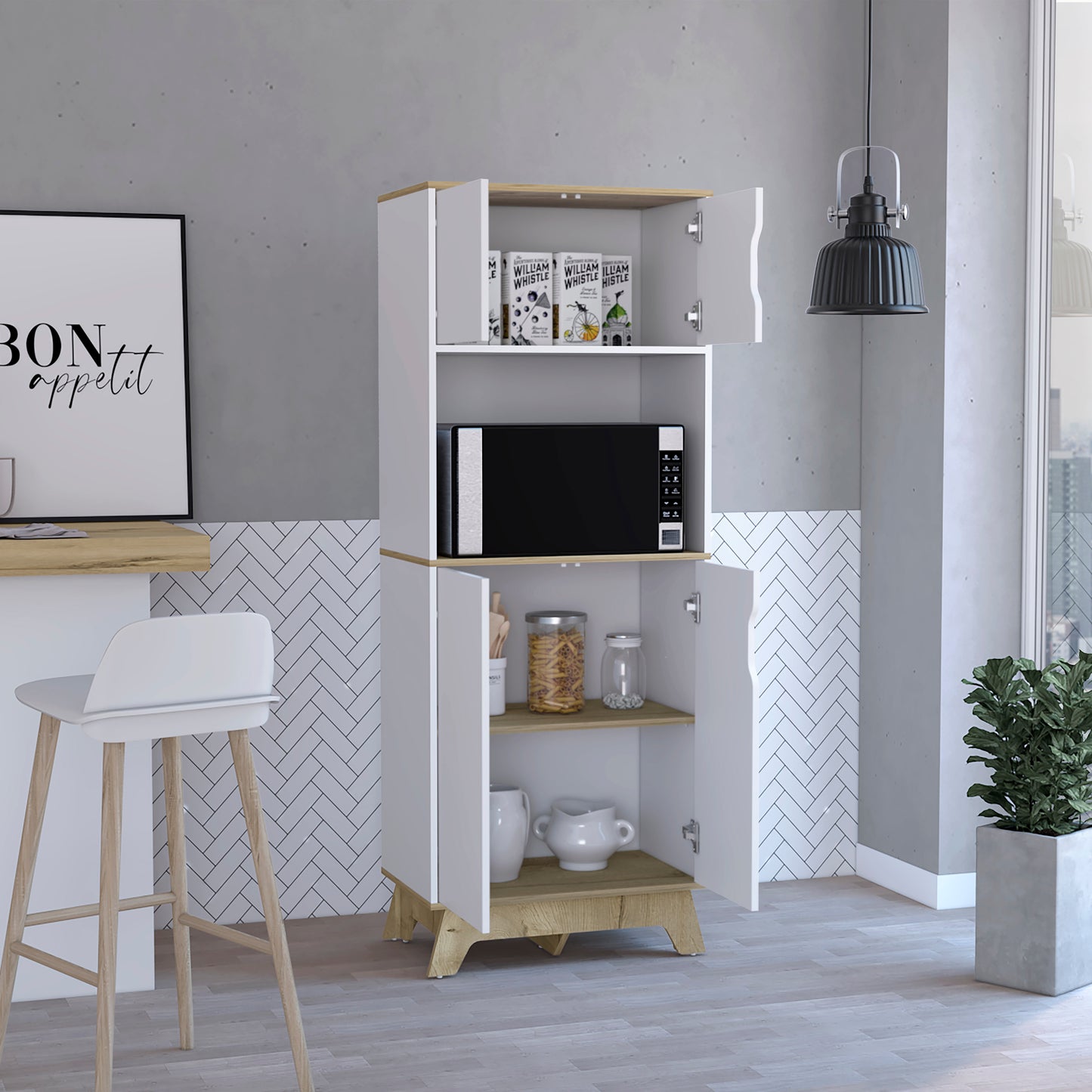 Light Oak & White Modern Microwave Storage Cabinet