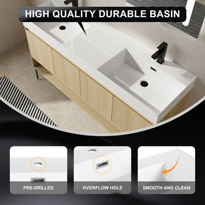 60-Inch Modern Oak Bathroom Vanity Set with Single Resin Sink and 4-Door Storage Cabinet