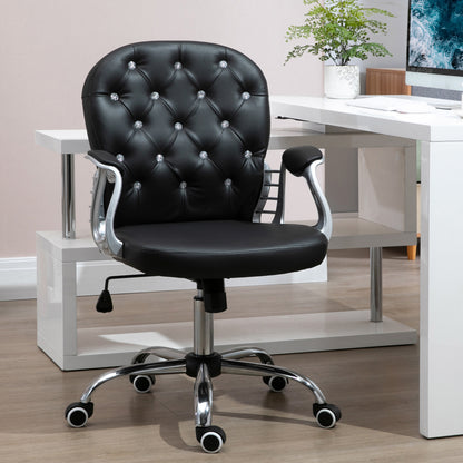 Button-Tufted Adjustable Black PU Leather Desk Chair with Padded Armrests and Swivel Wheels