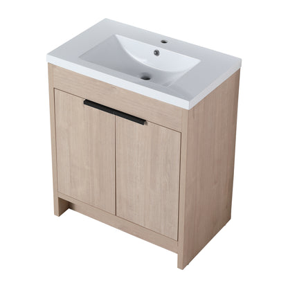 30-Inch Light Oak Freestanding Bathroom Cabinet with Soft-Close Doors & Integrated Resin Sink
