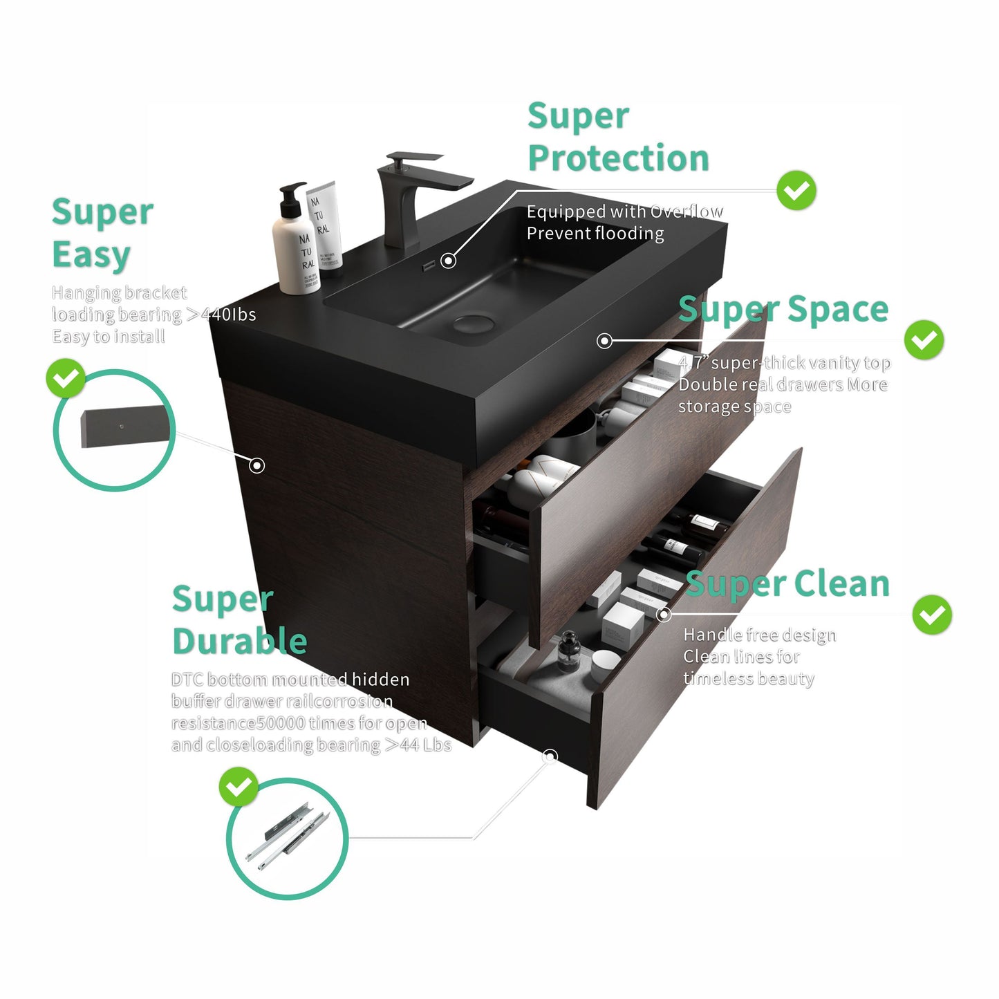 Modern 30" Walnut Floating Bathroom Vanity with Black Sink and Ample Storage