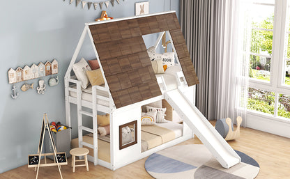 Wooden Twin House Bunk Bed with Roof, Ladder, and Slide in White and Brown