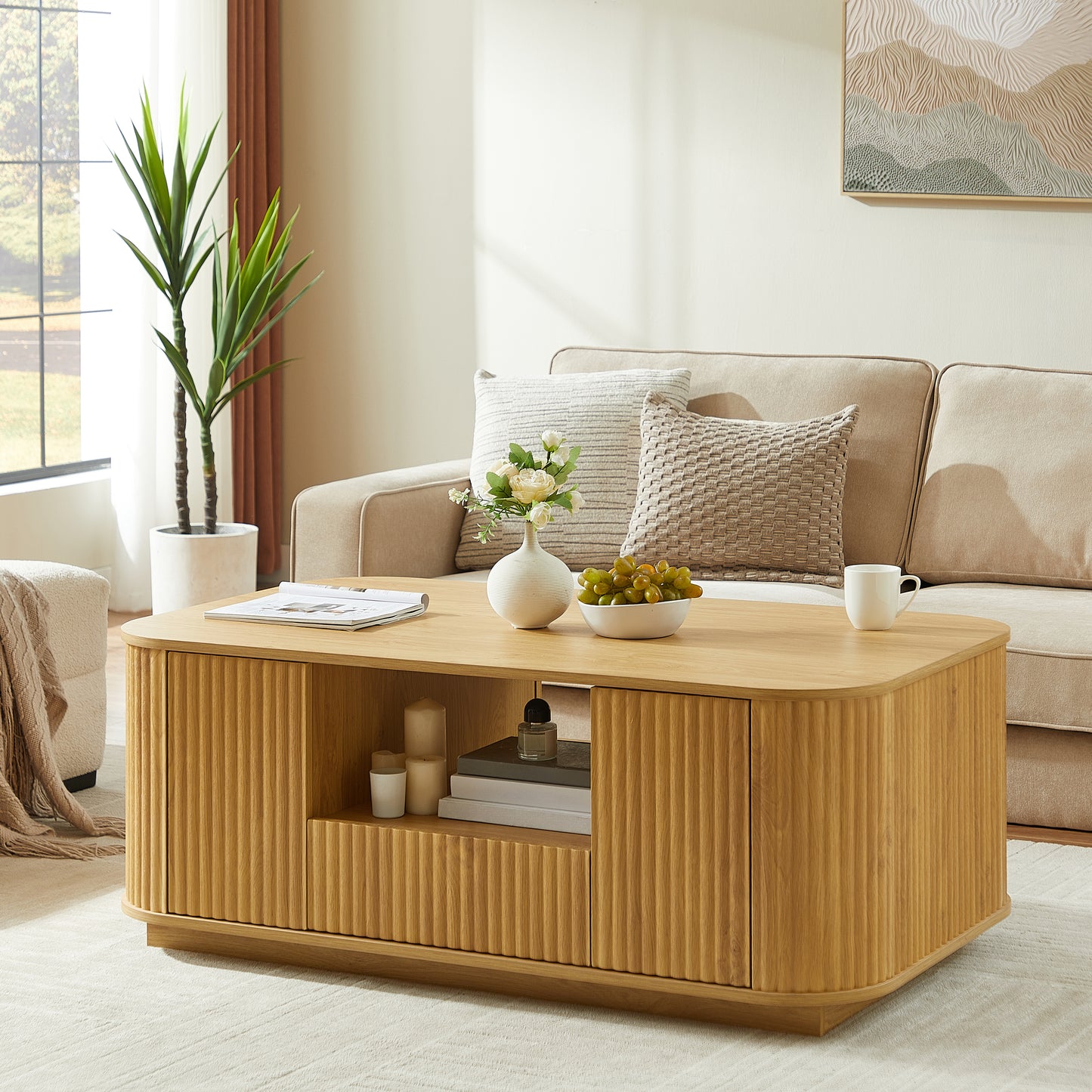 46.5-Inch Modern Coffee Table with 2 Drawers, Open Shelf, and 4 Cabinets; Living Room/Office; MDF Natural