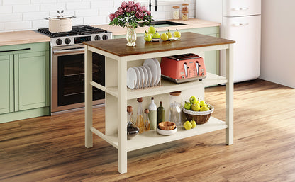 Rustic 45" Rubberwood Kitchen Island with Dual Open Shelves - Walnut & Cream White Finish