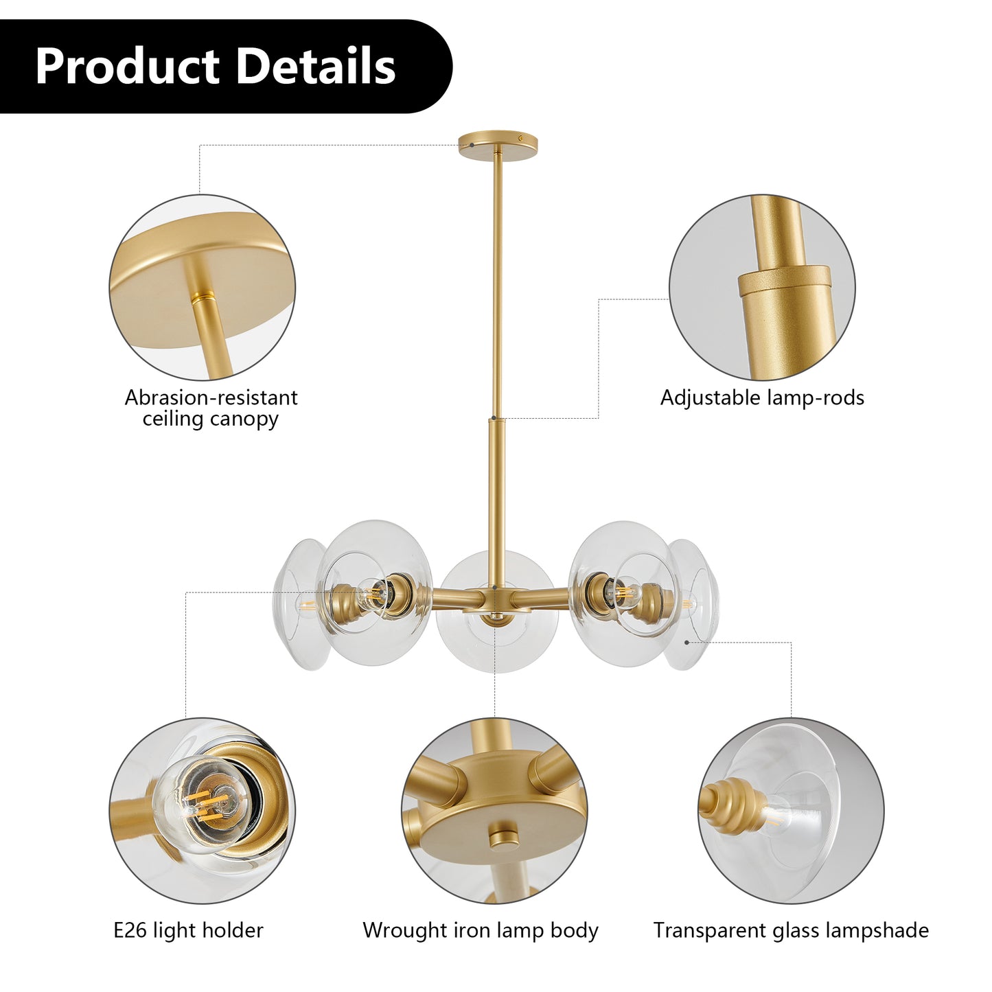 5-Light Sputnik Pendant Chandelier with Clear Glass Shades for Dining and Kitchen, Hard-Wired 120V, Gold