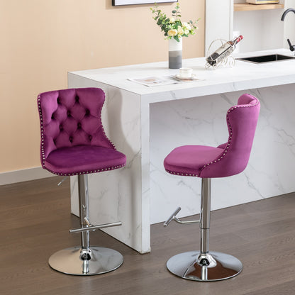 Purple Velvet Swivel Bar Stools Adjustable 25-33 Set Of 2