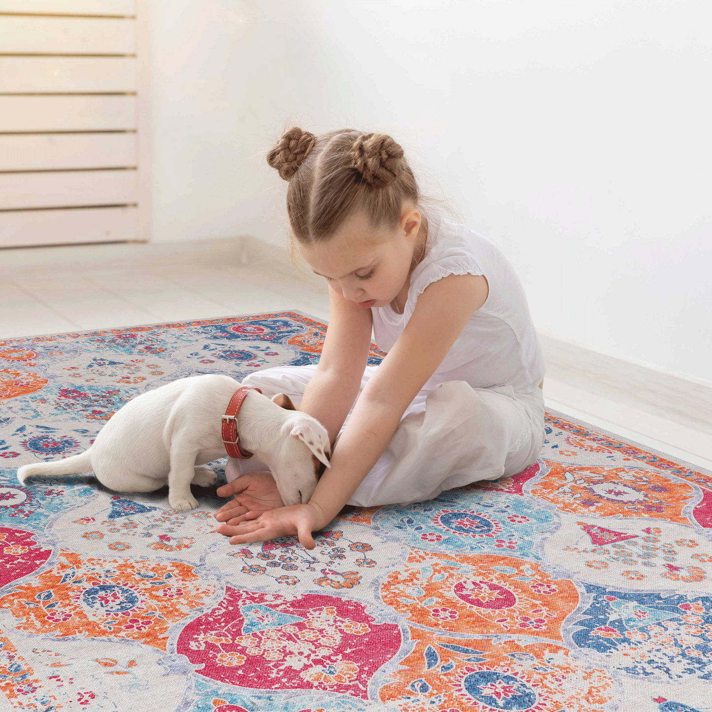 Machine Washable 2x3 ft Low-Pile Area Rug, Non-Slip Backing, Kid & Pet Friendly, Living Room Cream