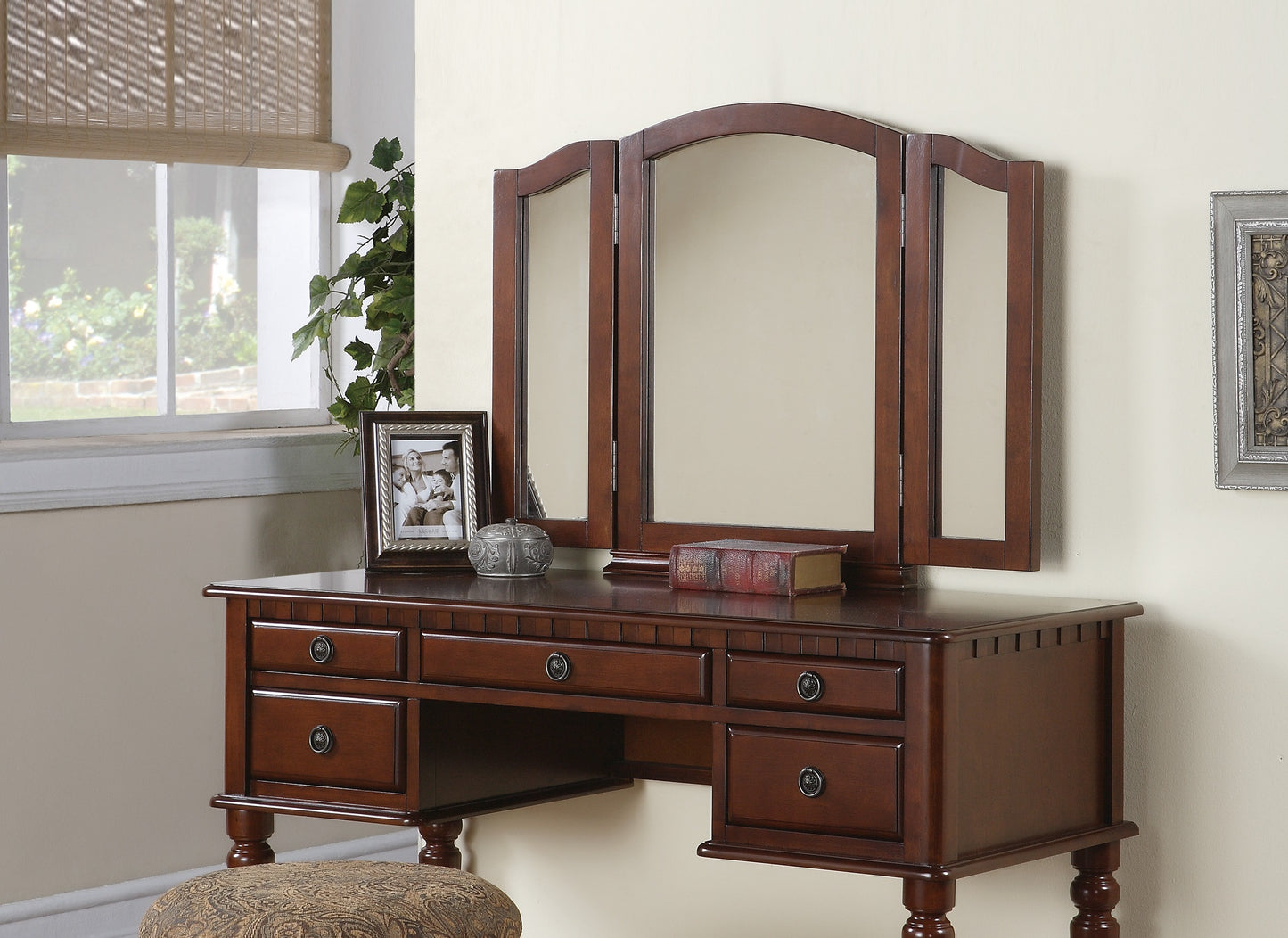 Contemporary Bedroom Vanity Set with Foldable Mirror, Drawer Storage, and Stool - Space-Saving Makeup Vanity Cherry