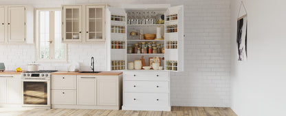 Tall White Farmhouse Kitchen Pantry - 77" Freestanding Storage Cabinet with Adjustable Shelves, Door Shelves, and Drawers