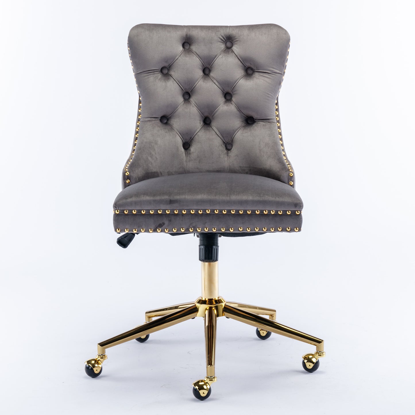 Luxurious Gray Velvet Tufted Home Office Chair with Gold Metal Base, Adjustable Swivel Design