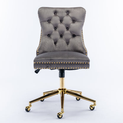 Luxurious Gray Velvet Tufted Home Office Chair with Gold Metal Base, Adjustable Swivel Design