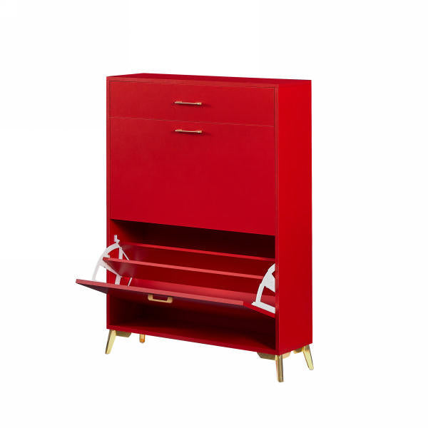 Red Freestanding Shoe Storage Cabinet with Dual Flip Drawers for Entryway and Hallway Organization