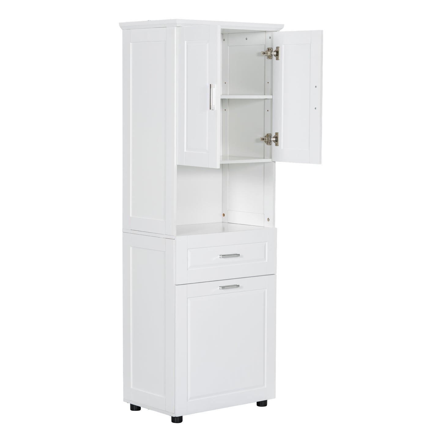 White Tall Storage Cabinet with Tilt-Out Laundry Hamper and Upper Shelves