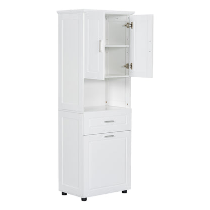 White Tall Storage Cabinet with Tilt-Out Laundry Hamper and Upper Shelves