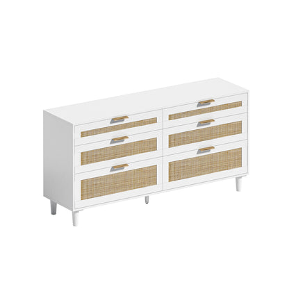 Elegant 59" White Rattan Dresser with 6 Drawers for Stylish Storage Solutions