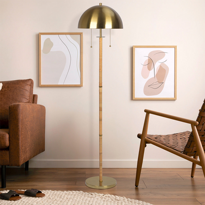2-Light Floor Lamp with Natural Rattan Tube, 57.5-Inch, Double Pull Chain, Living Room Gold Brass Finish