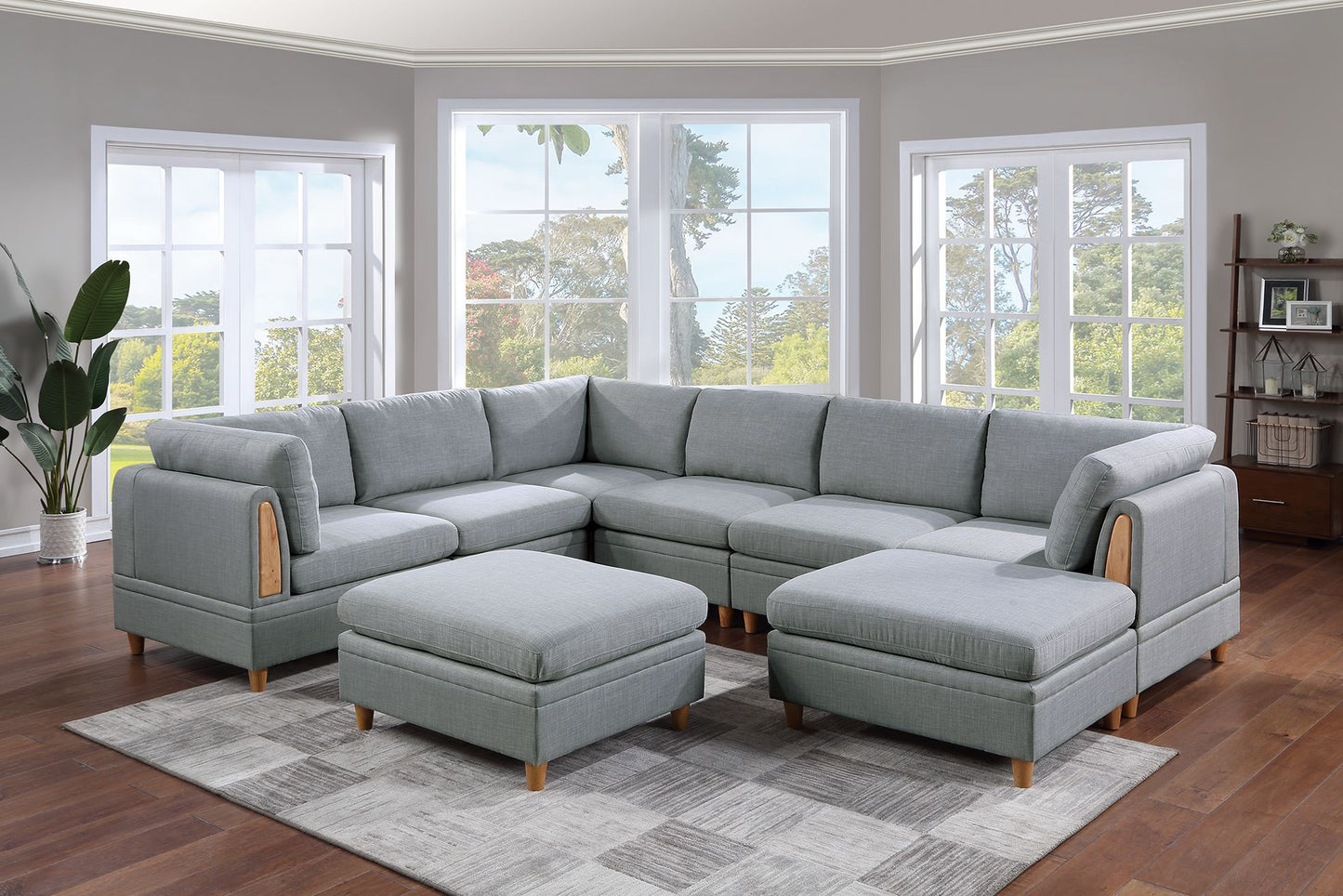 8-Piece Modular Sectional Sofa Set: 3 Corner Sofas, 3 Armless Chairs, 2 Ottomans, Fabric Light Grey