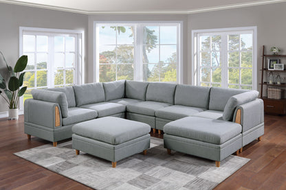 8-Piece Modular Sectional Sofa Set: 3 Corner Sofas, 3 Armless Chairs, 2 Ottomans, Fabric Light Grey