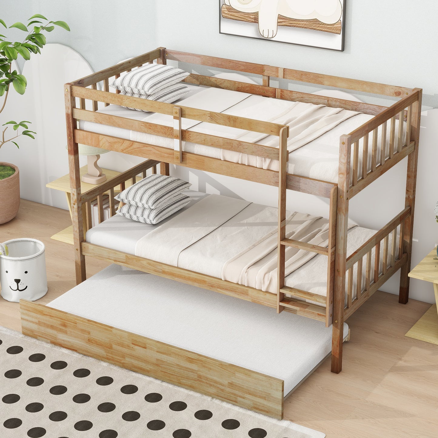 Convertible Twin Over Twin Bunk Bed with Trundle, Rubber Wood Design, Ladder & Safety Guardrails, Natural Finish