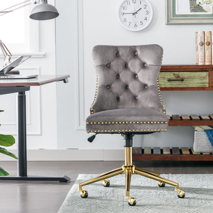 Luxurious Gray Velvet Tufted Home Office Chair with Gold Metal Base, Adjustable Swivel Design